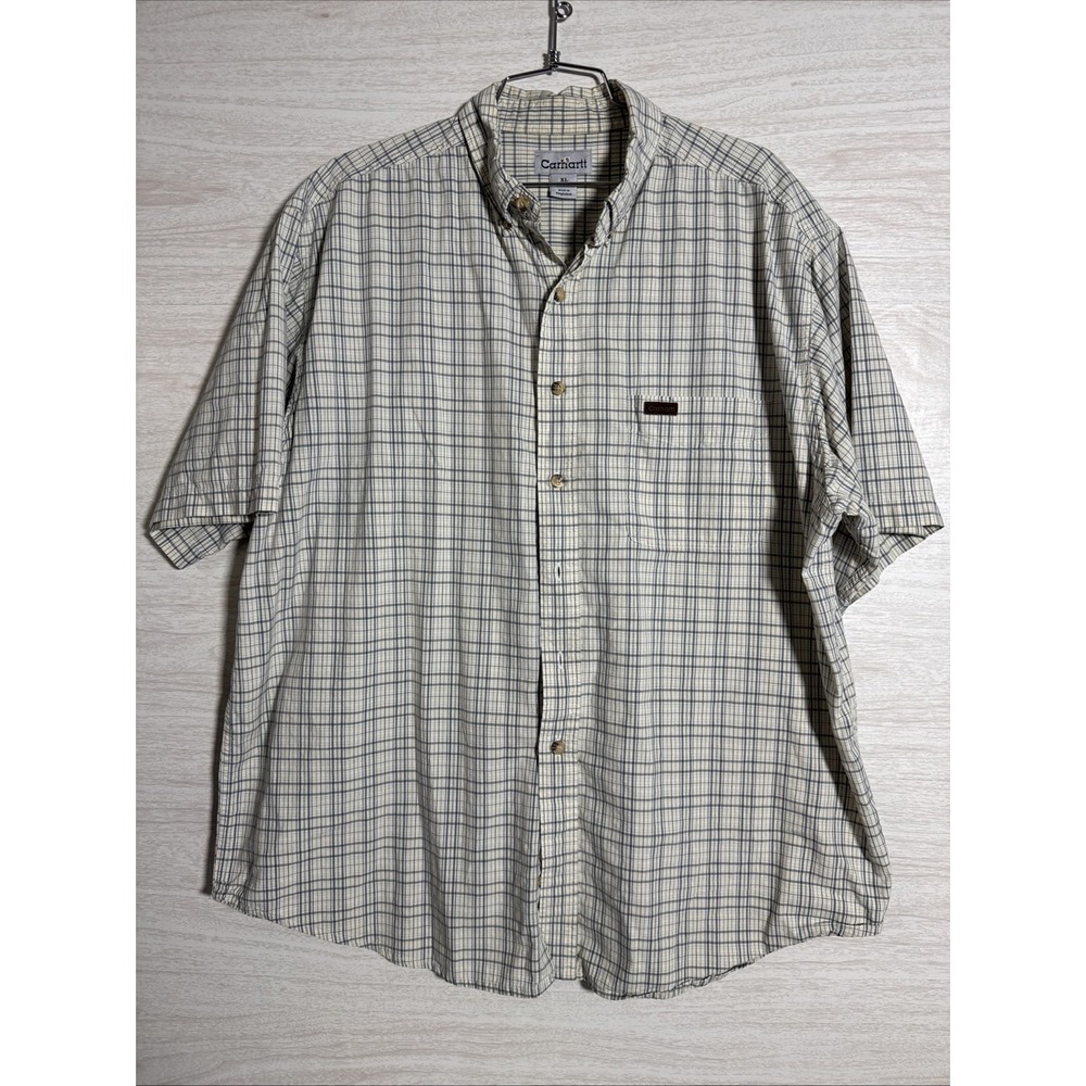 Mens Button Down Short Sleeve Plaid Carhartt Sz XL